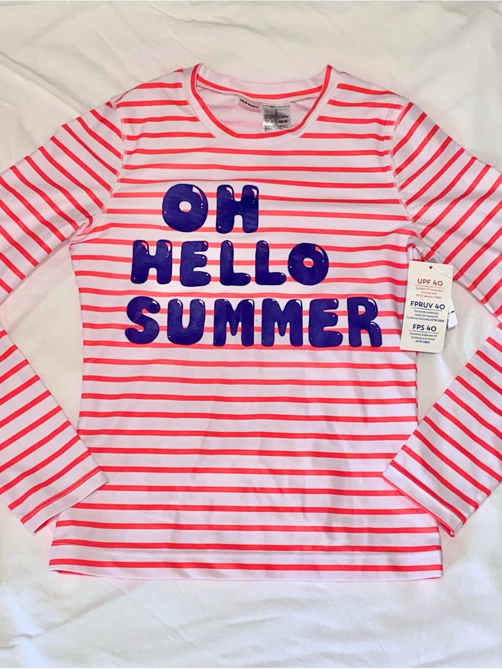 Old Navy Orange & White Striped 'Oh Hello Summer” Swim Shirt Sz Large (New)